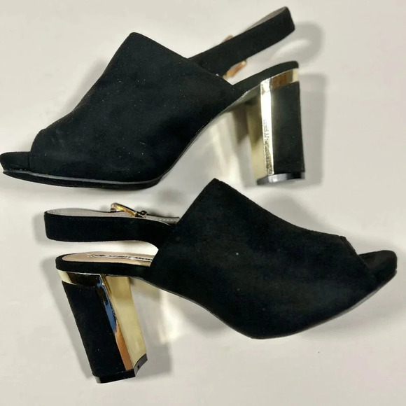 NIB!Spirit Moda Black -Peek toe -gold back heel Chucky shoes size 9 - Picture 2 of 12